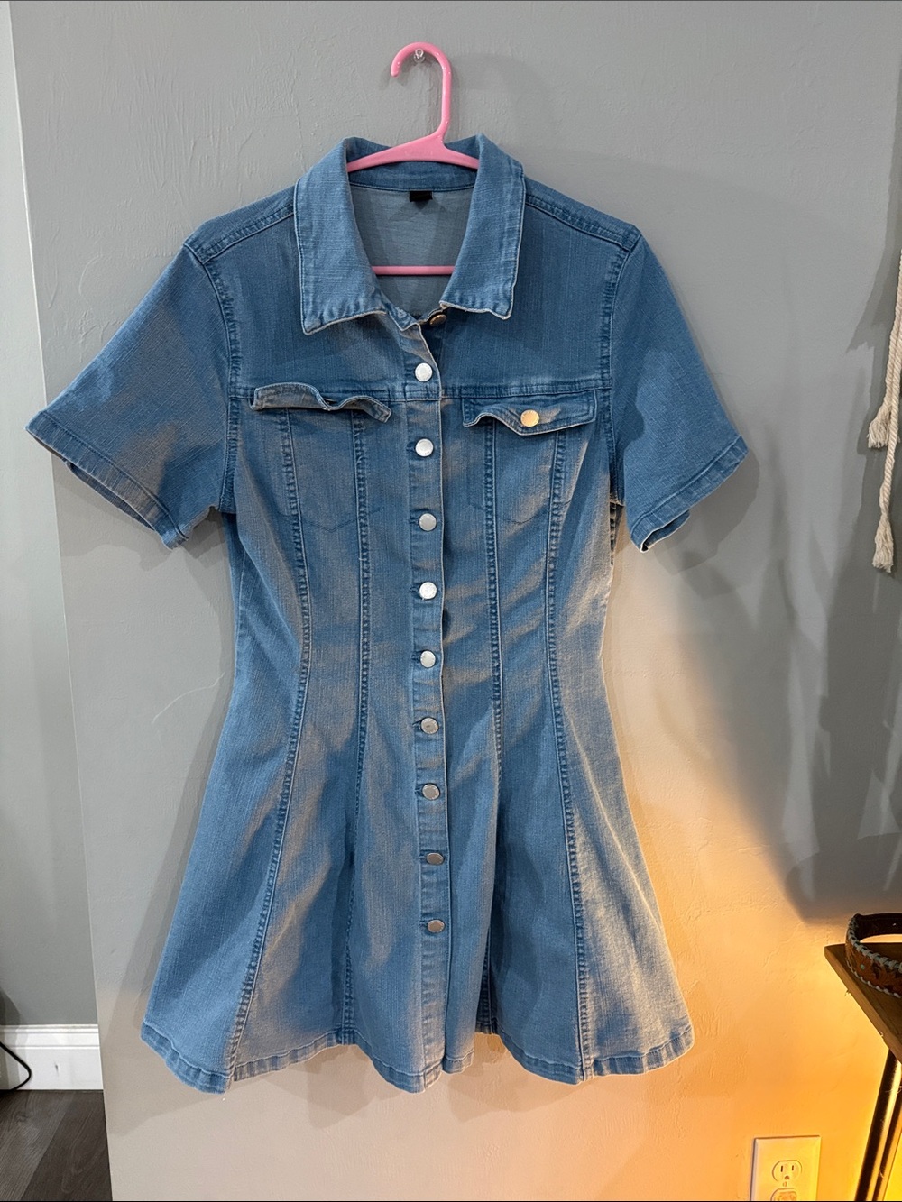 SHEIN Light Blue Short-Sleeve Denim Button-Front Mini Dress